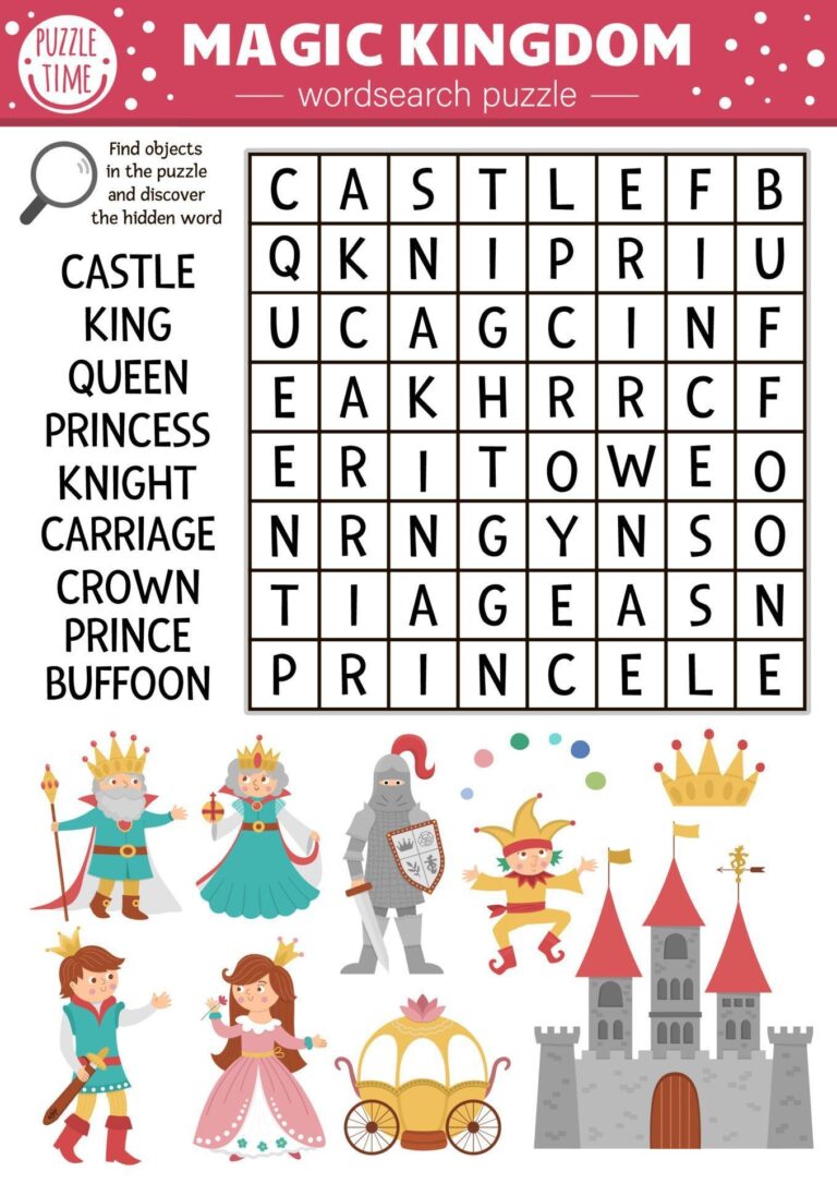 Vector Fairytale Wordsearch Puzzle For Kids Simple Magic Kingdom 