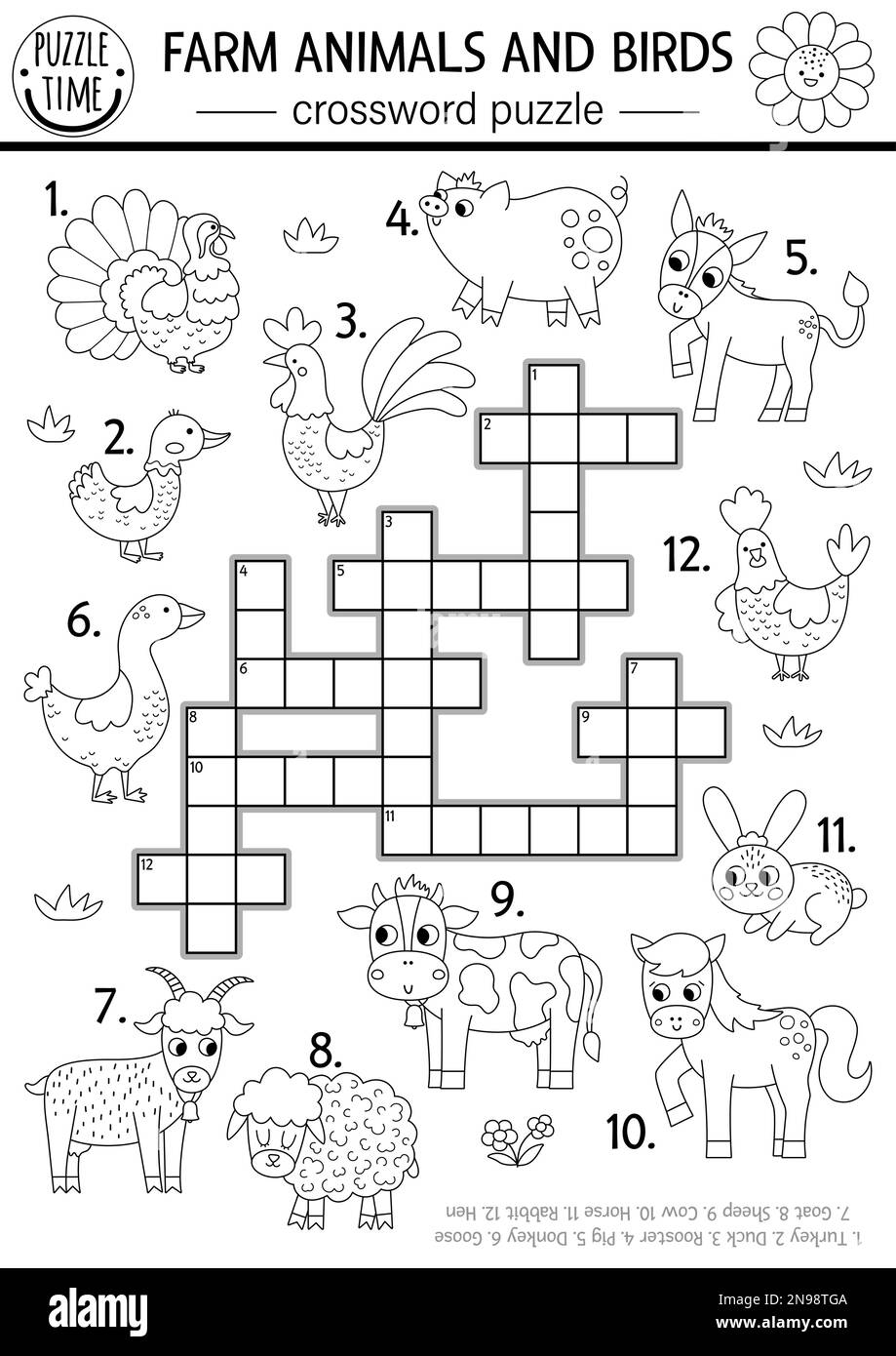 Vector Farm Animals And Birds Black And White Crossword Puzzle For Kids