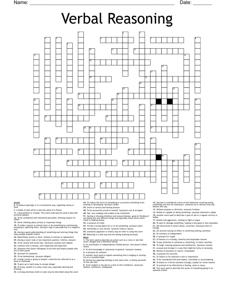 Verbal Reasoning Crossword WordMint