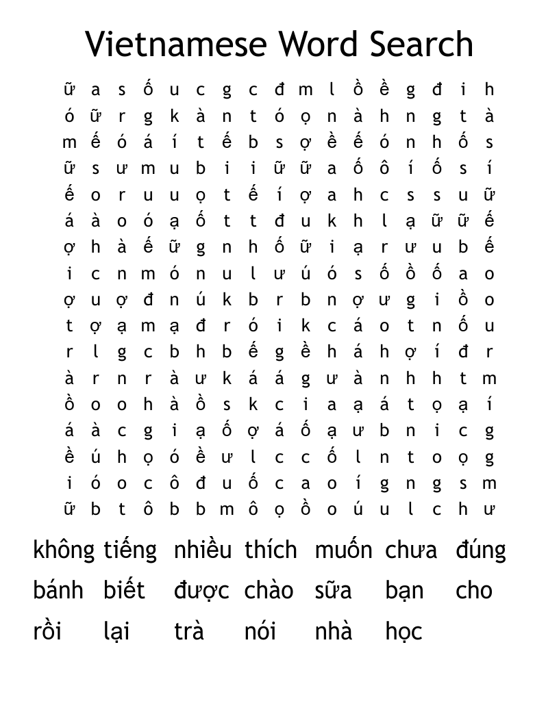 Vietnamese Language Crosswords Word Searches Bingo Cards WordMint