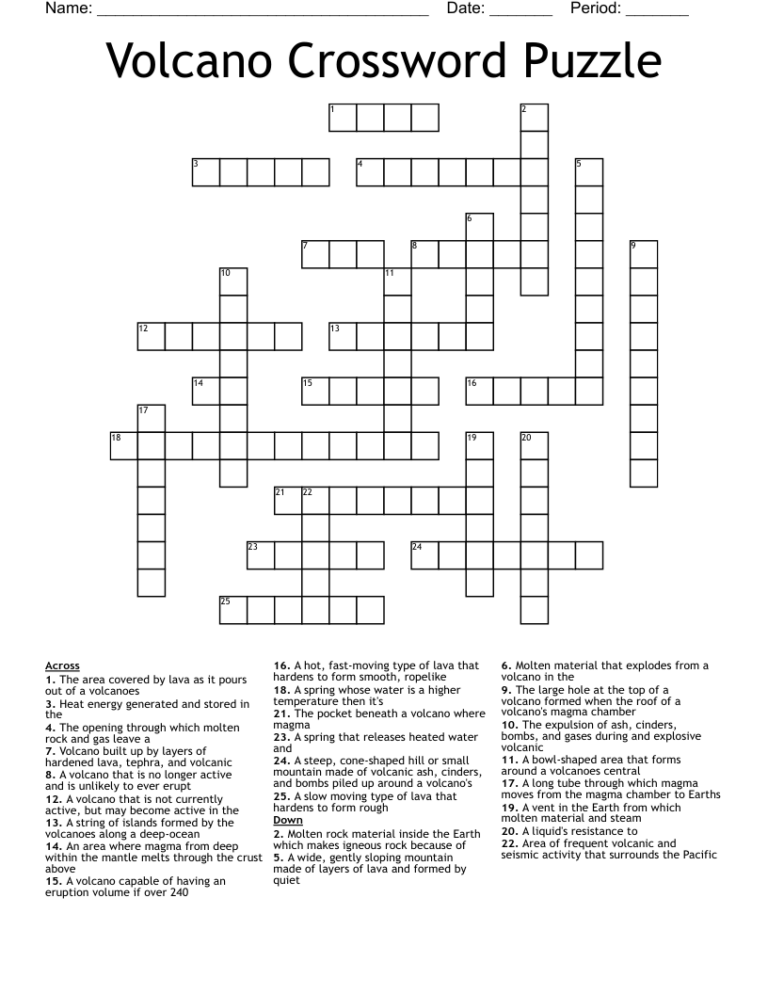 Volcano Crossword Puzzle WordMint