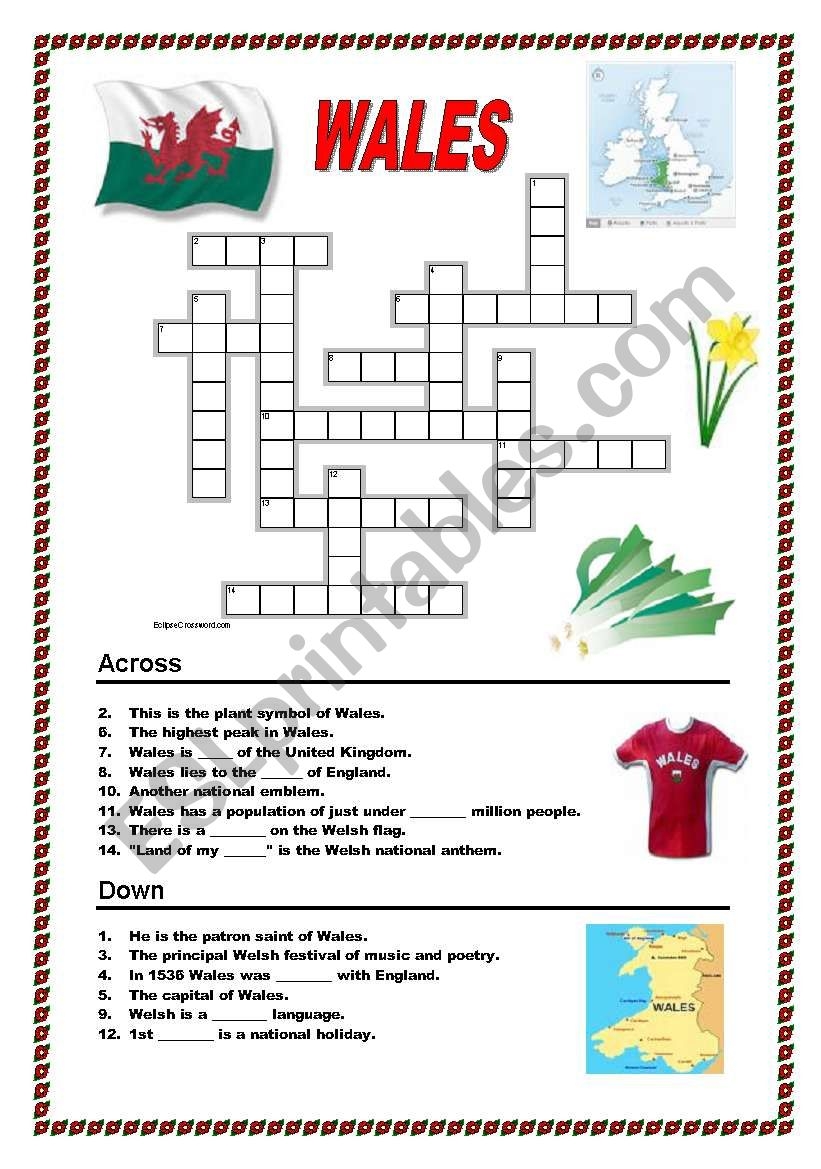 Wales Crossword ESL Worksheet By Ildibildi
