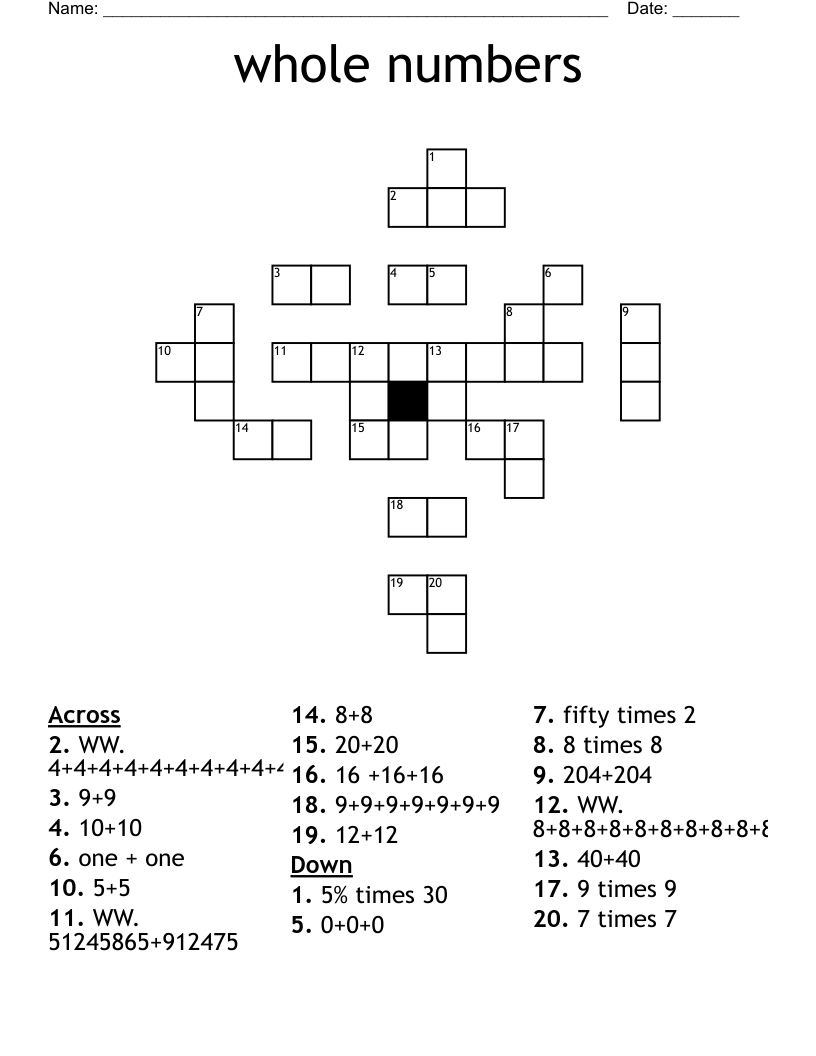Whole Numbers Crossword WordMint