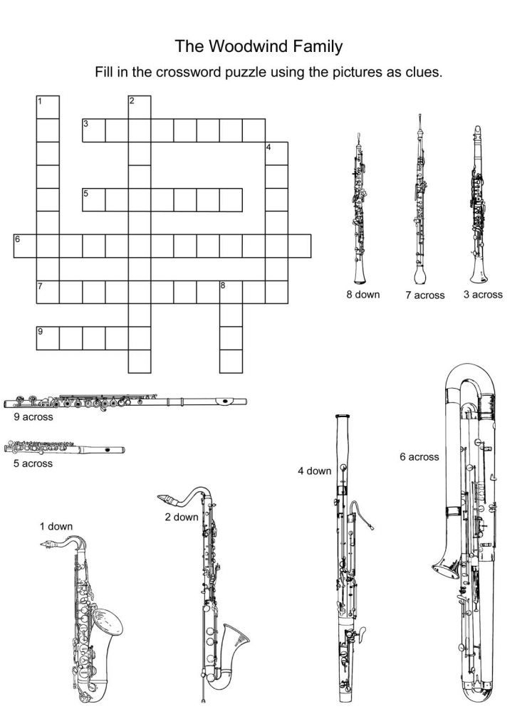 Woodwind Instruments Crossword Puzzle Elementary Music Instruments 