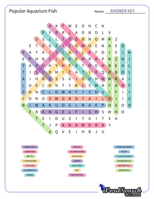 Word Search Puzzle Popular Aquarium Fish