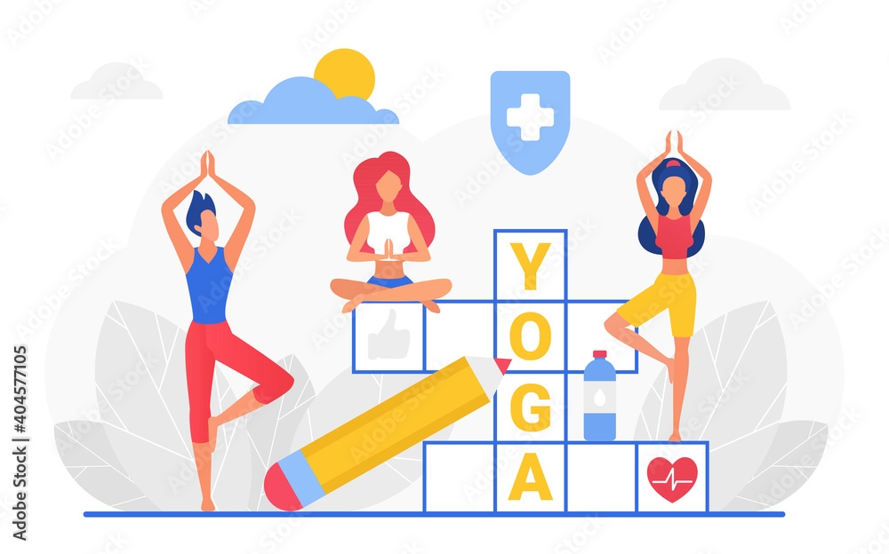Yoga Crossword Vector Illustration Cartoon Man Woman Yogist Characters