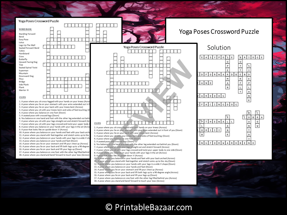 Yoga Poses Crossword Puzzle Worksheet Activity Teaching Resources
